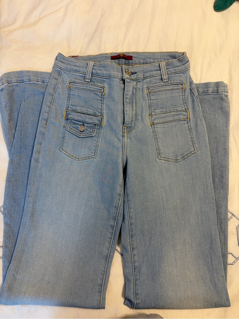7 For All Mankind Light Blue Flare Jeans with Front Pocket Accents